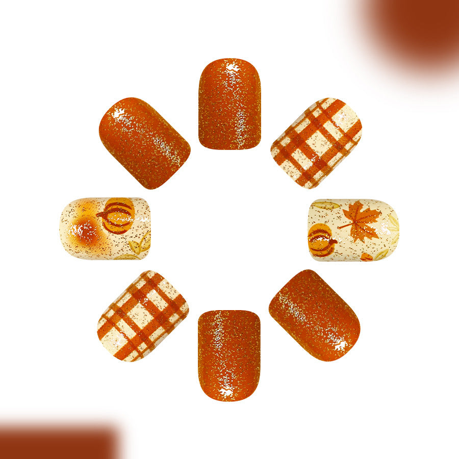 Autumn Vibes Short Square Orange Glitter Press-On Nail Set with Fall Inspired Designs