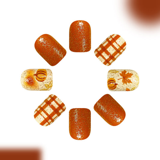 Autumn Vibes Short Square Orange Glitter Press-On Nail Set with Fall Inspired Designs