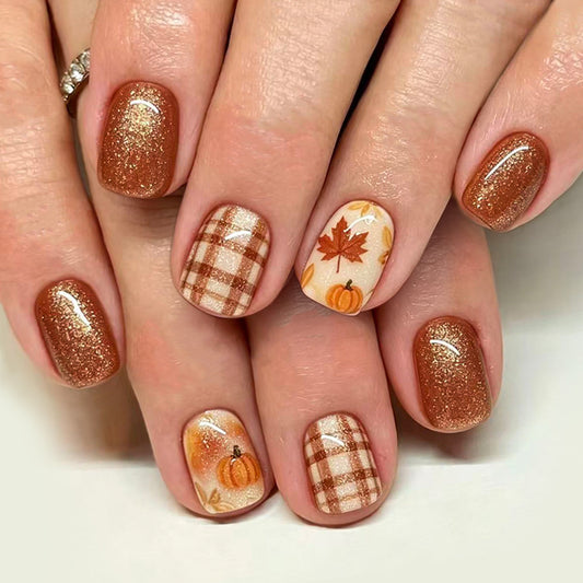 Autumn Vibe Medium Square Holo Brown Glitter Press On Nail Set with Pumpkin and Maple Leaf Design