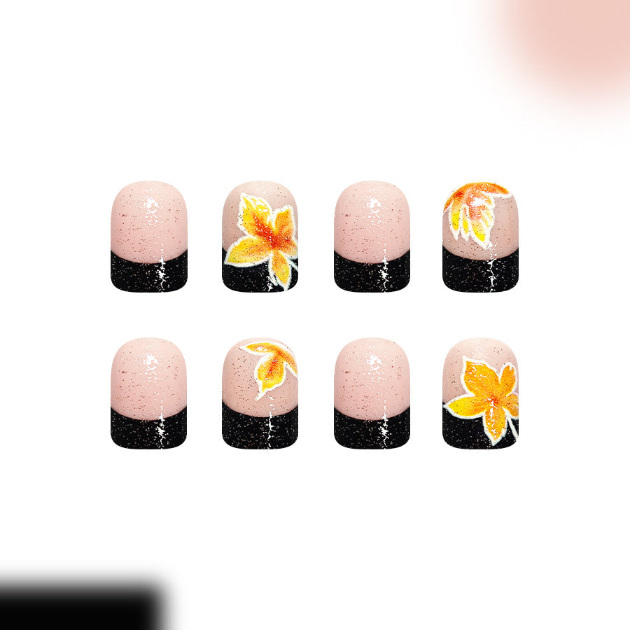 Autumn Bliss Medium Square Peach with Glitter Ombre and Floral Accent Press-On Nail Set