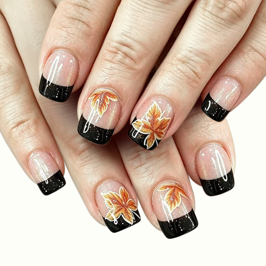 Autumn Elegance Short Square Black with Golden Leaf Design Press On Nail Set