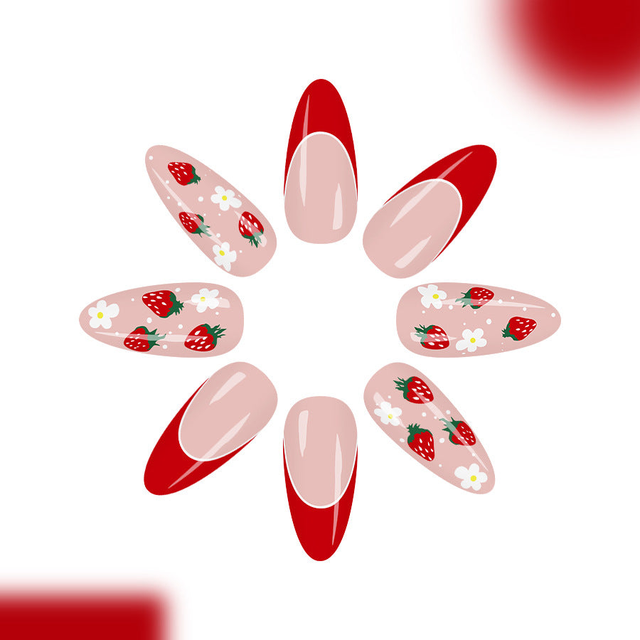 Strawberry Bliss Long Almond Red Floral Accent Press On Nail Set