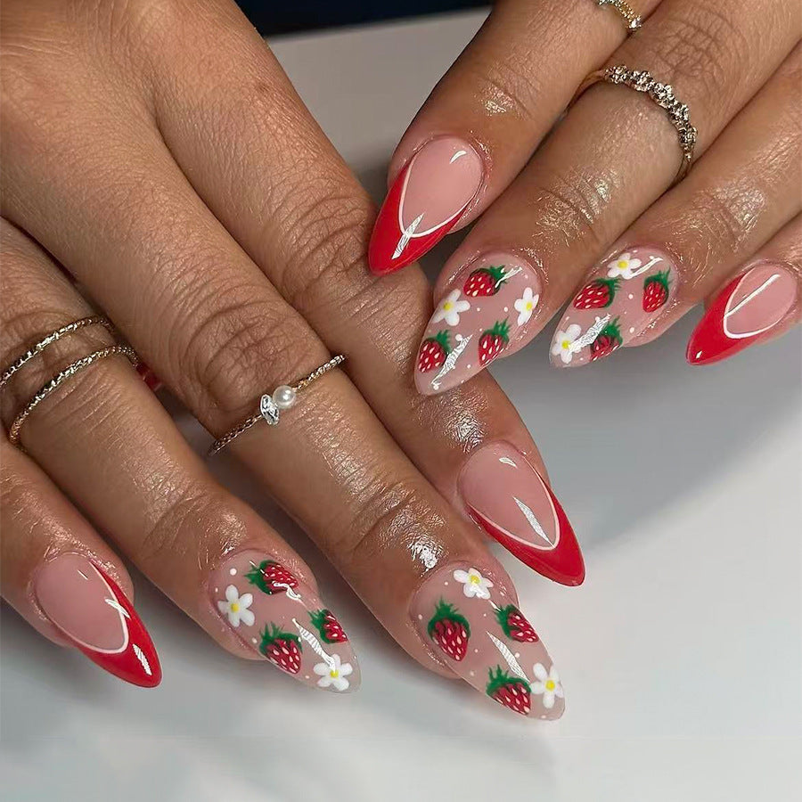 Berry Bliss Medium Almond Red and Floral Design Press On Nail Set