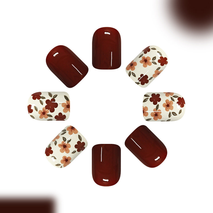 Bohemian Floral Short Square Burgundy Nail Set with Unique Botanical Design