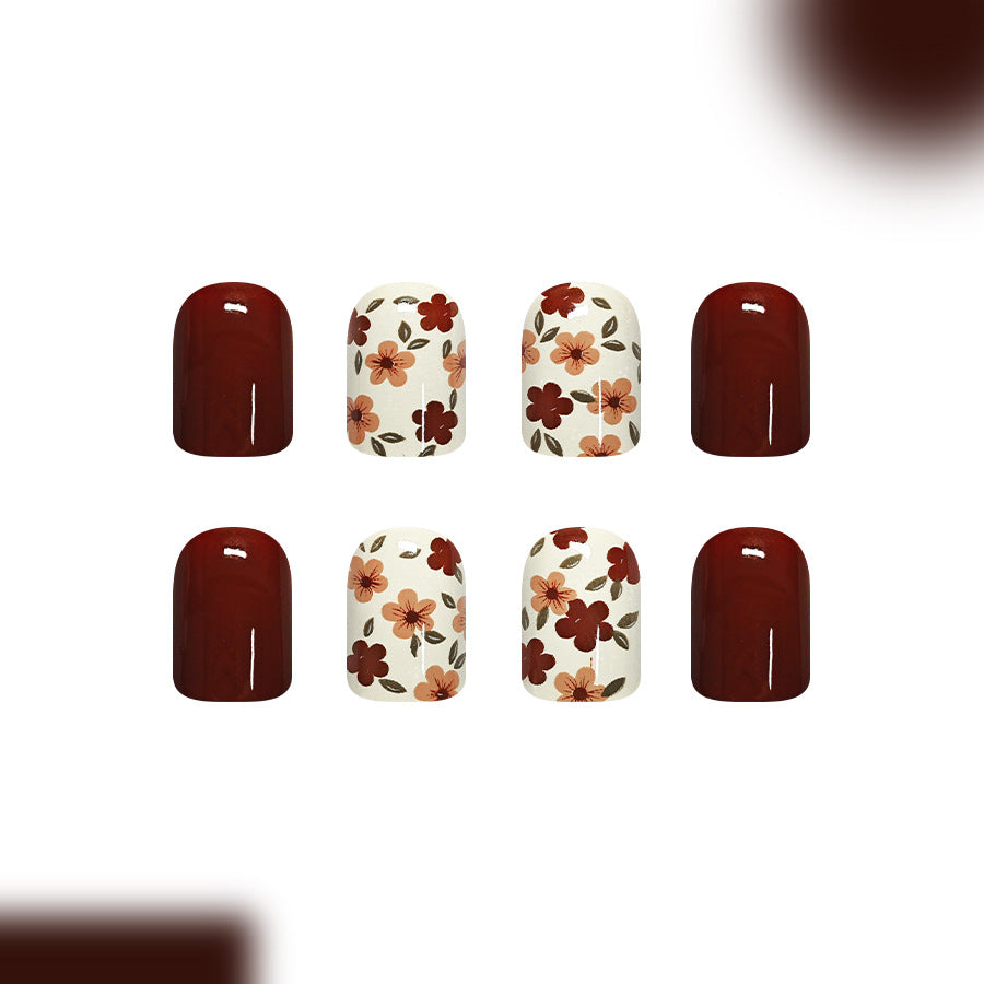 Floral Elegance Short Square Burgundy Press On Nail Set with Beautiful Botanical Accents