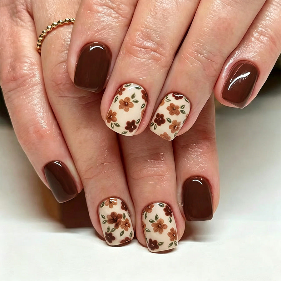 Boho Chic Short Square Brown with Floral Accents Press on Nail Set