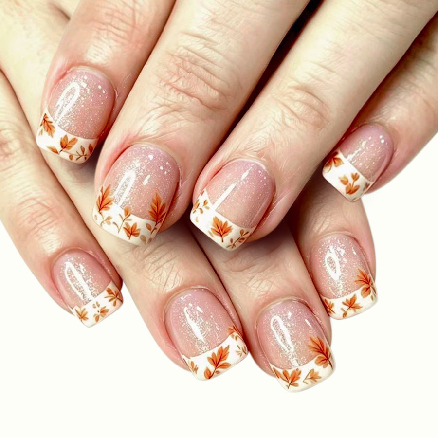 Autumn Blossom Short Square Light Orange Floral Press On Nail Set