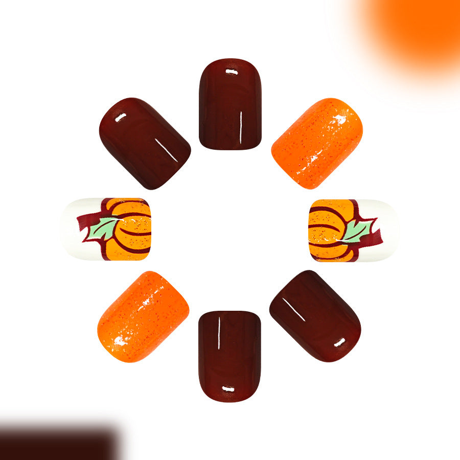 Fall Harvest Short Square Orange and Brown Press On Nail Set with Pumpkin Design