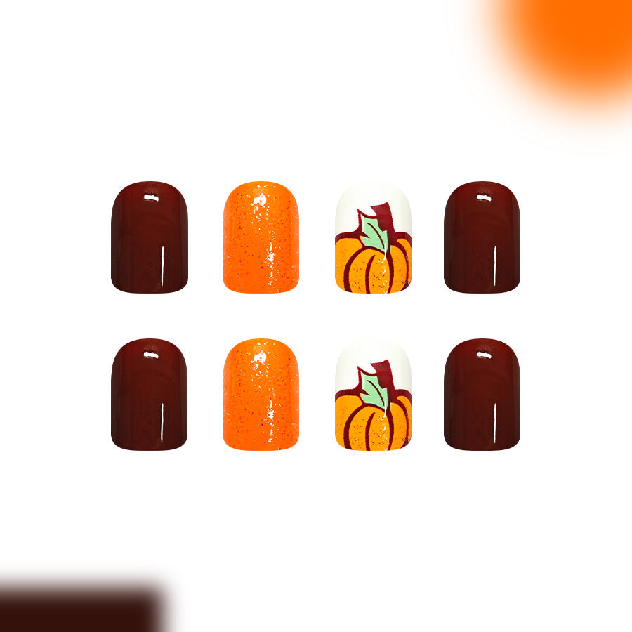 Autumn Harvest Medium Square Orange with Pumpkin Design Press On Nail Set