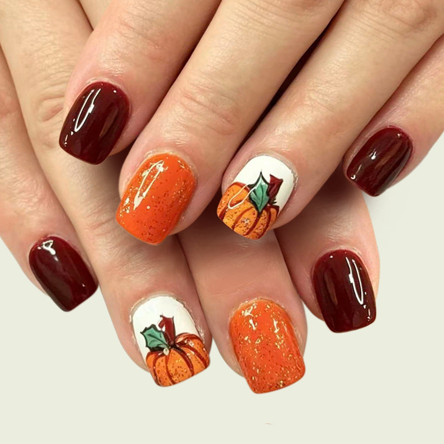 Harvest Vibes Medium Square Fiery Orange with Pumpkin Design Nail Set