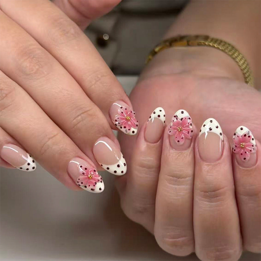 Floral Elegance Short Almond Pink and White Press On Nail Set with Artistic Bloom Design