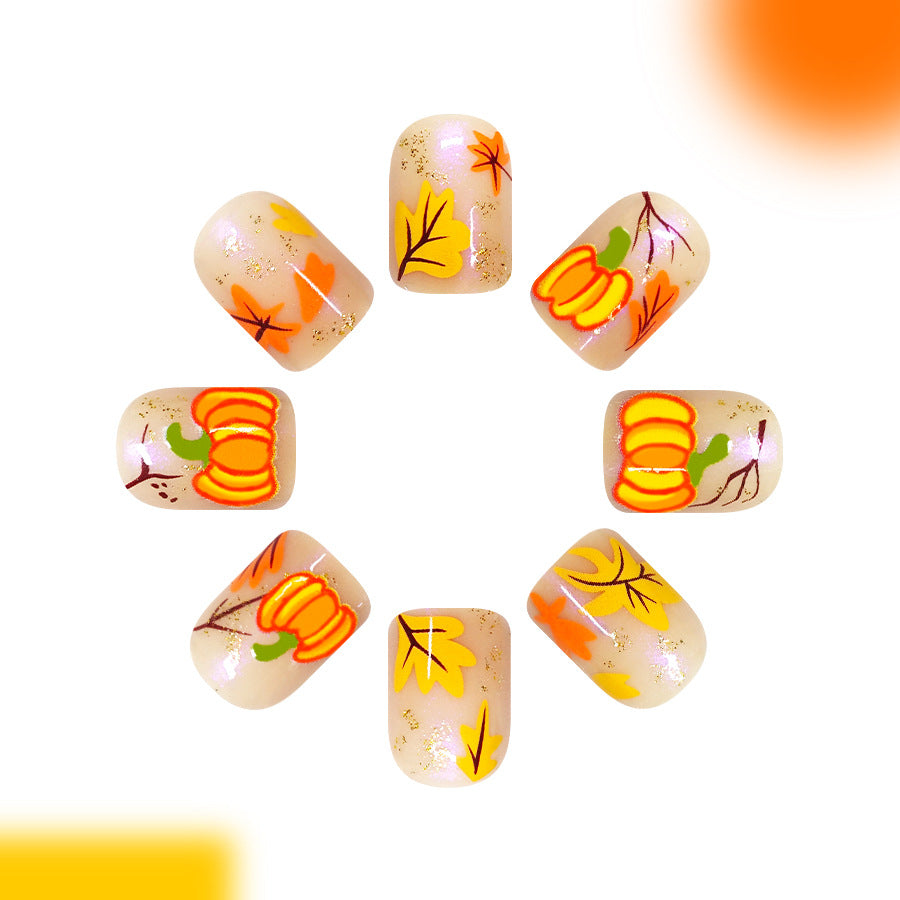 Autumn Delight Short Square Orange Pumpkin Artistic Nail Set