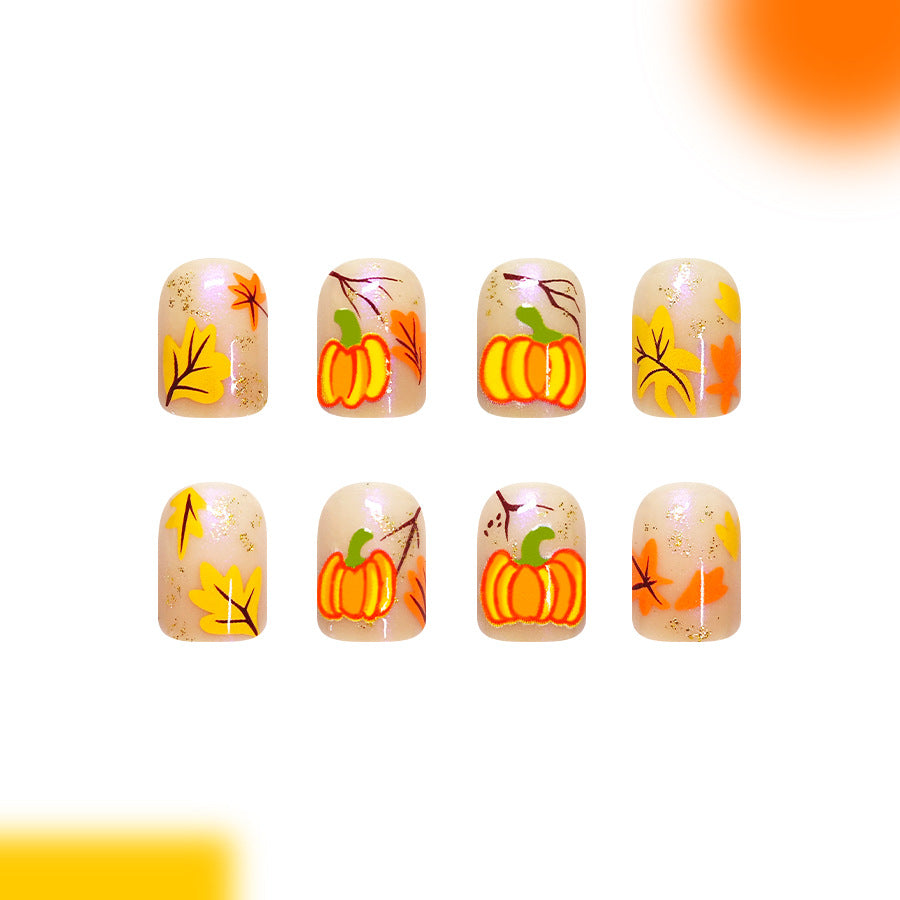 Autumn Harvest Short Square Transparent with Pumpkin Design Press-On Nail Set