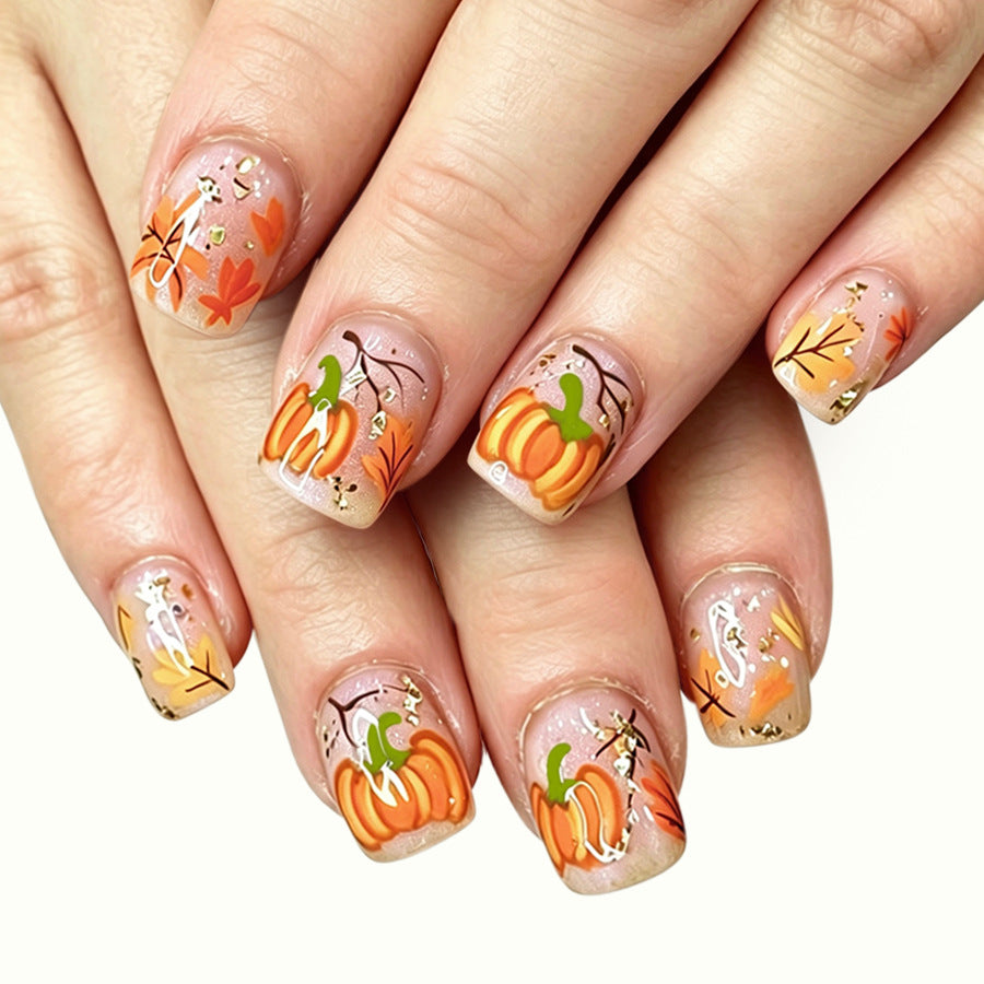 Autumn Vibes Short Square Transparent Orange Pumpkin Press On Nail Set