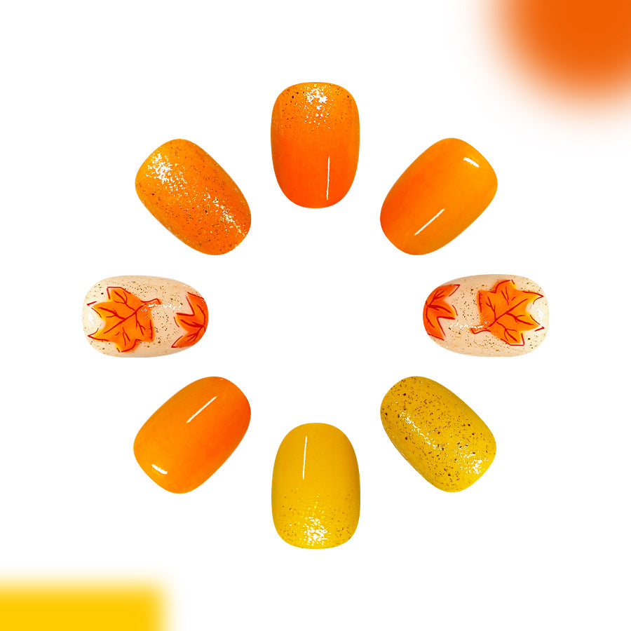 Autumn Vibes Short Round Orange Glittering Press On Nail Set with Leaf Design