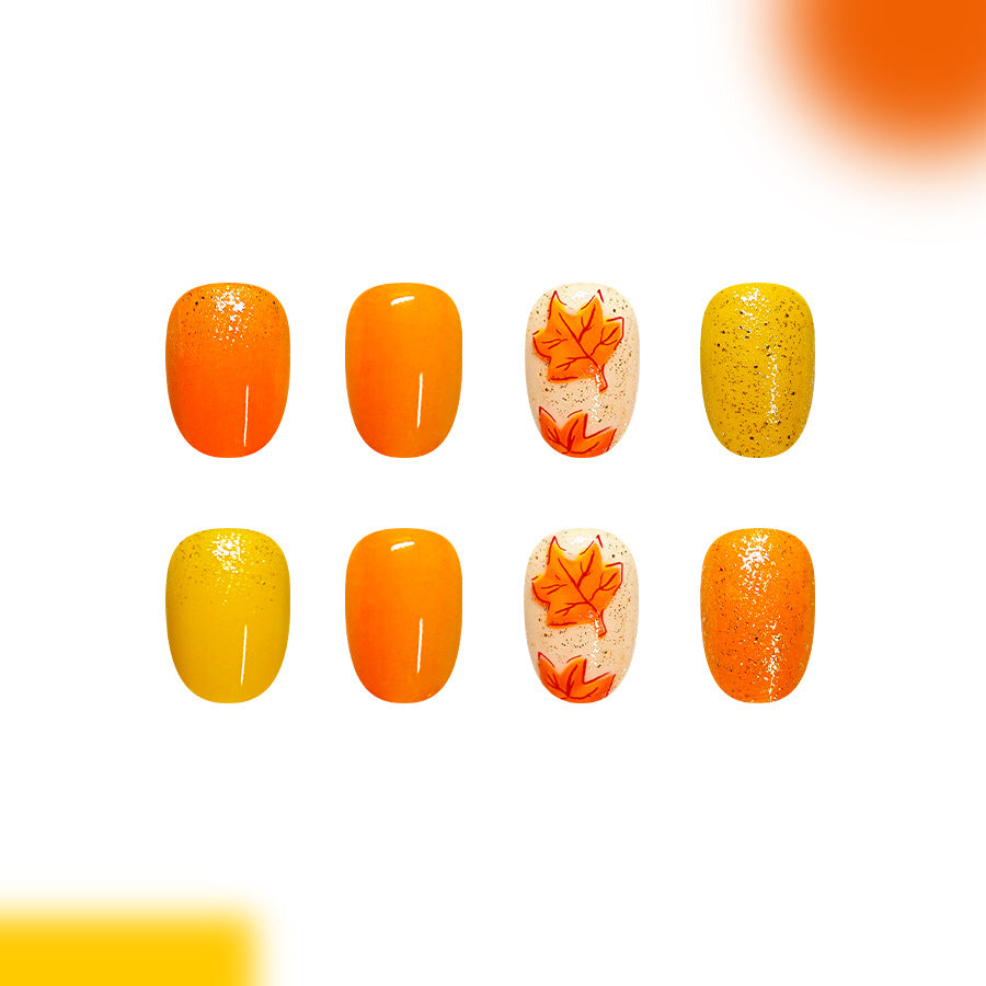 Autumn Bliss Short Round Orange with Glittering Leaf Design Press On Nail Set