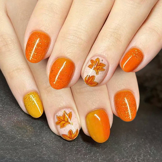 Autumn Glow Short Round Orange with Leaf Accents Press On Nail Set