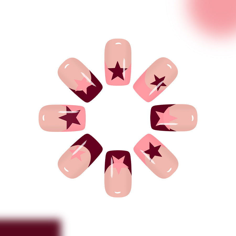 Starry Night Medium Square Pink and Burgundy Press On Nail Set with Stunning Star Design