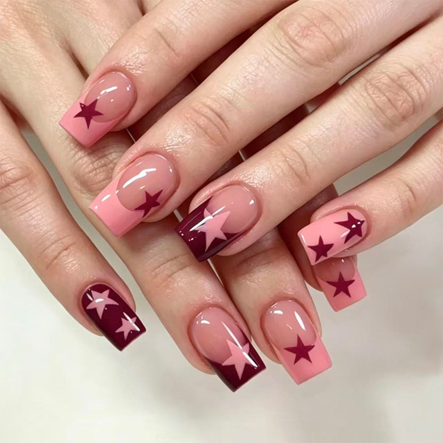 Starry Night Medium Square Pink Press On Nail Set with Ombre Design