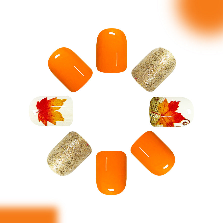 Autumn Vibes Short Square Orange with Leaf Design Press On Nail Set