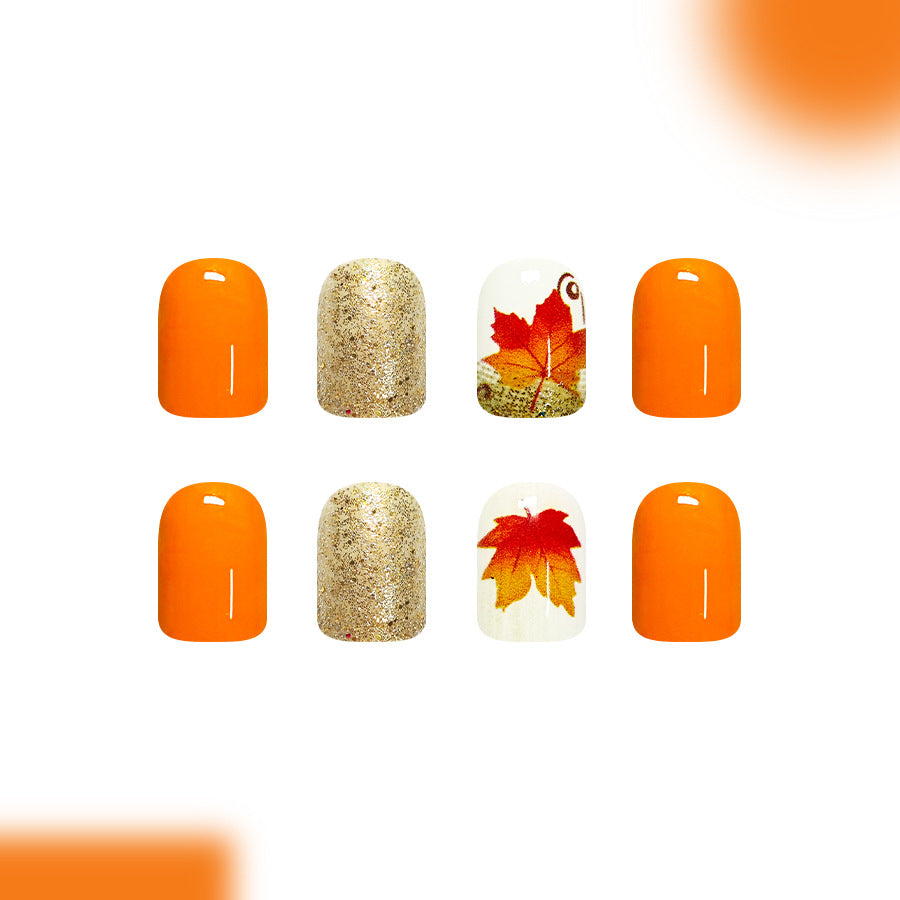 Autumn Vibes Short Square Orange with Glitter and Leaf Design Press On Nail Set