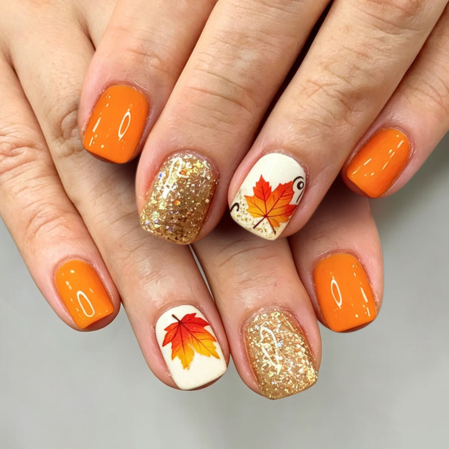 Autumn Vibes Short Square Orange with Glittering Leaf Accent Press-On Nail Set