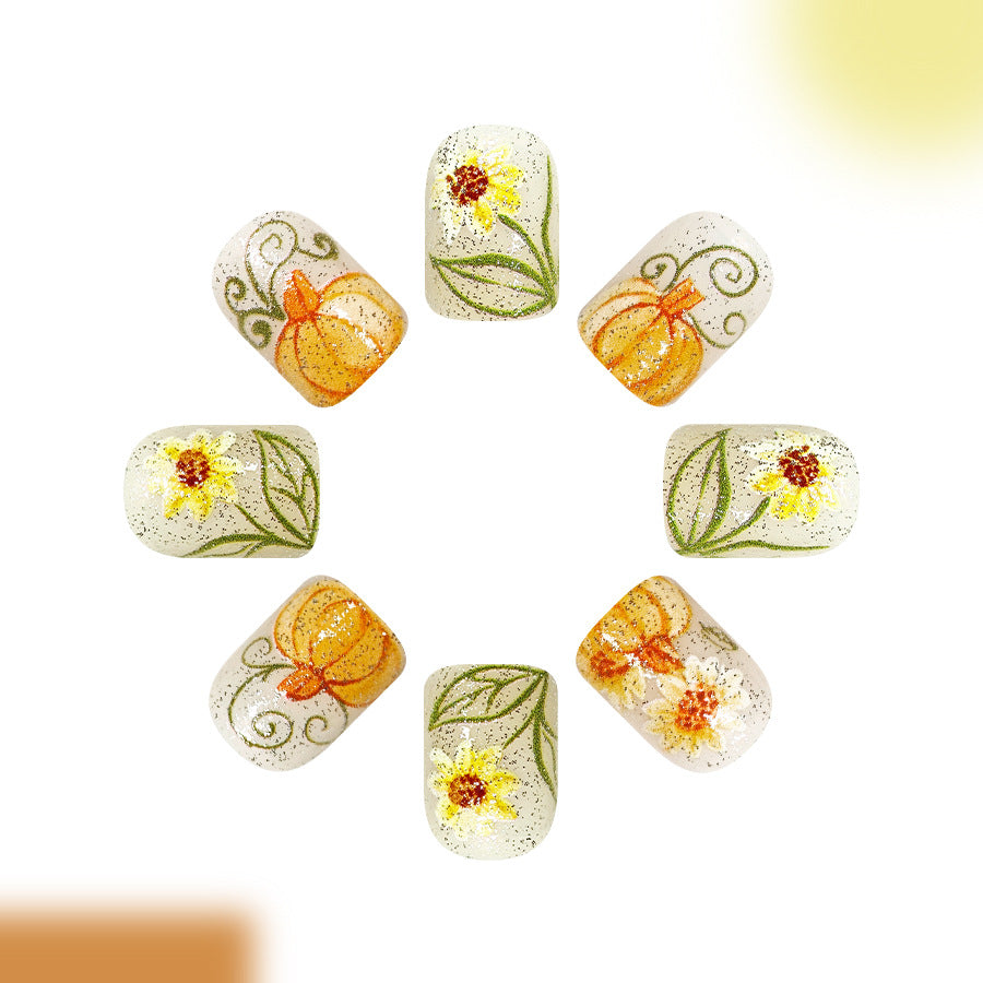 Autumn Floral Vibes Short Square Yellow and Orange Nail Set with Glitter Design