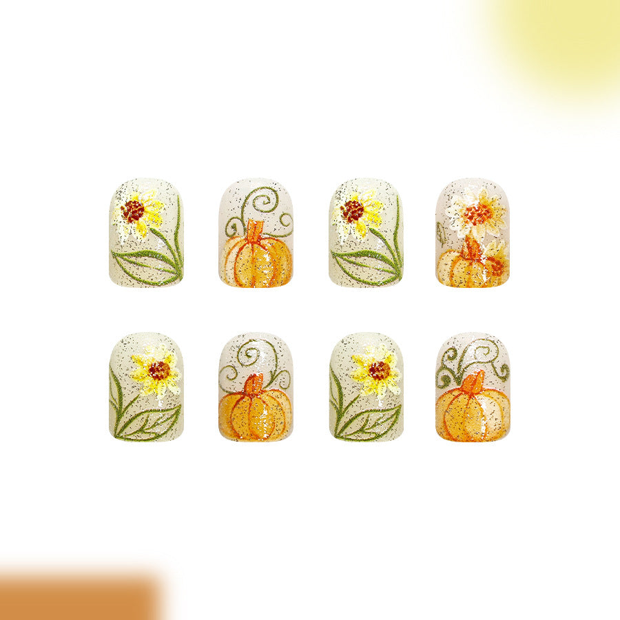 Autumn Vibes Short Square Glittery Floral Nail Set