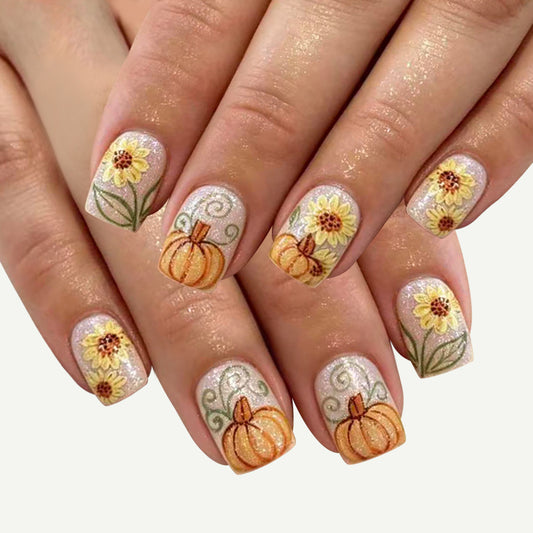 Autumn Charm Short Square Golden Glitter Floral Press On Nail Set