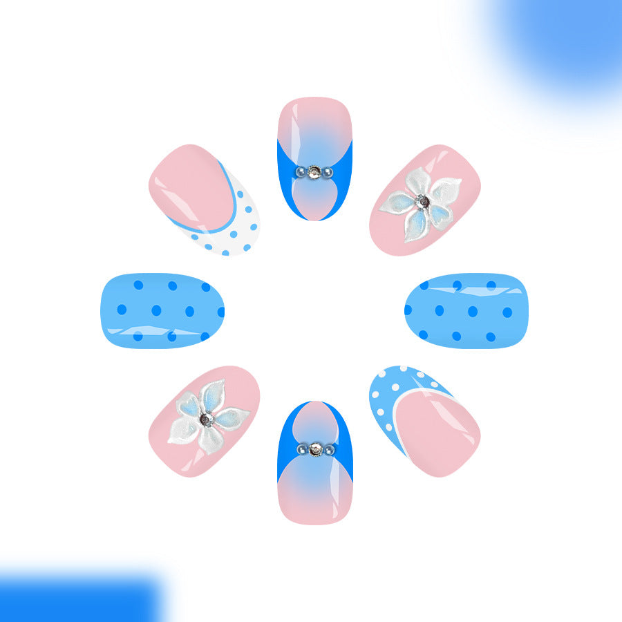 Whimsical Blue and Pink Medium Oval Nails with Floral Accent