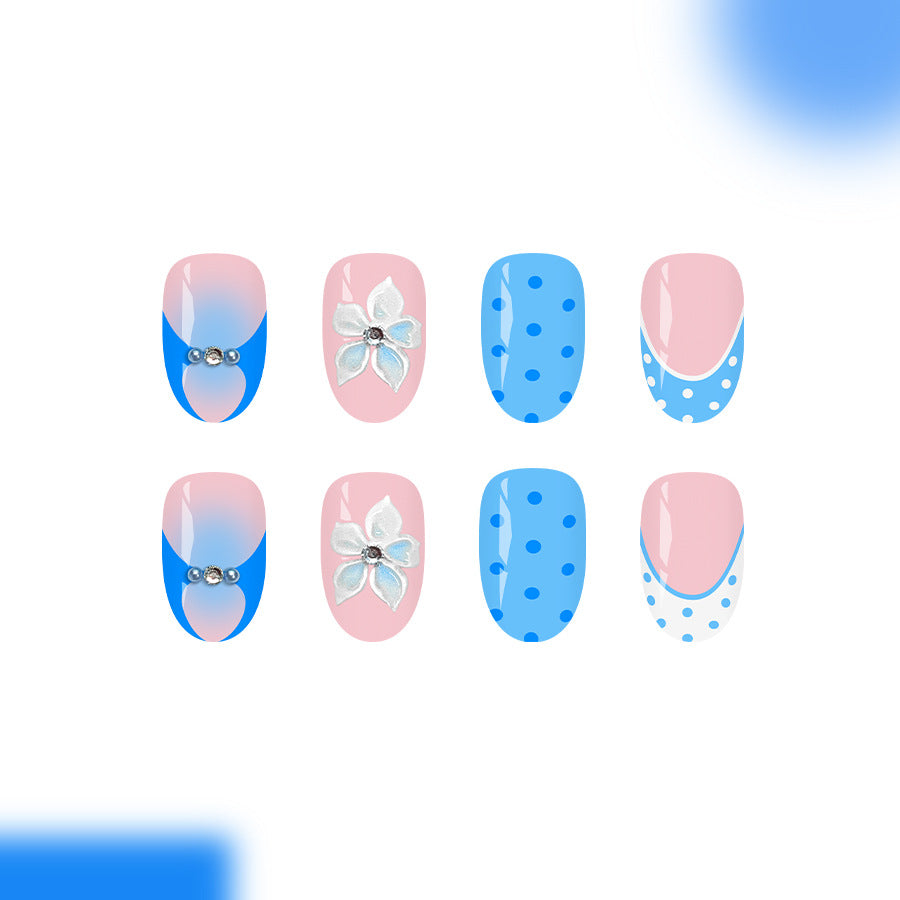 Tropical Breeze Short Round Blue with Floral Accent Press On Nail Set