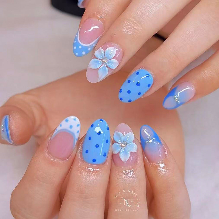 Spring Breeze Medium Almond Blue with Floral Accents Press on Nail Set