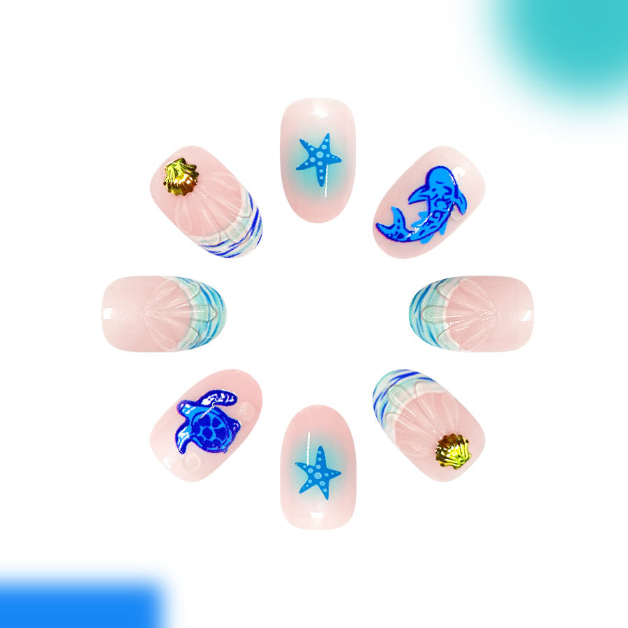 Ocean Bliss Short Round Pink with Glittery Sea Creatures Press On Nail Set
