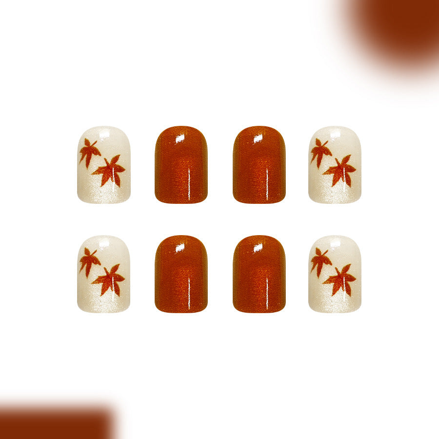 Autumn Elegance Short Square Orange with Leaf Design Press On Nail Set