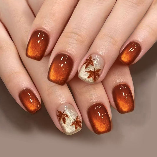 Autumn Glow Short Square Orange Ombre Press On Nail Set with Leaf Accents