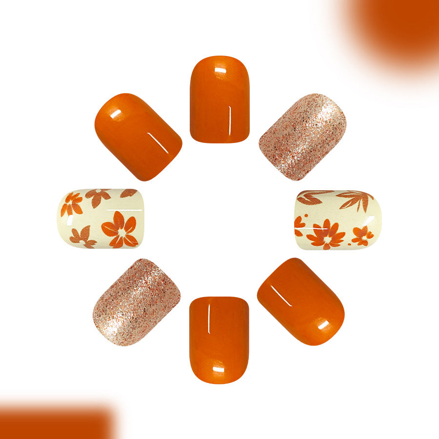 Autumn Vibes Short Square Orange with Floral Patterns Press On Nail Set