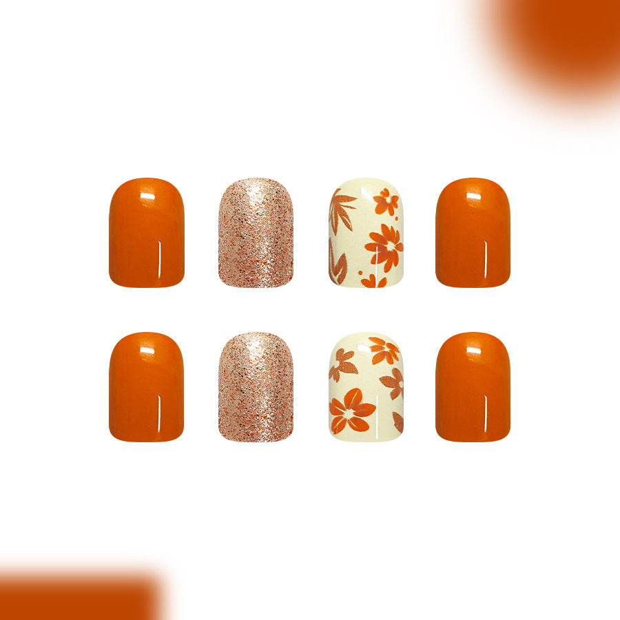 Autumn Blossom Short Square Orange with Floral Design Nail Set