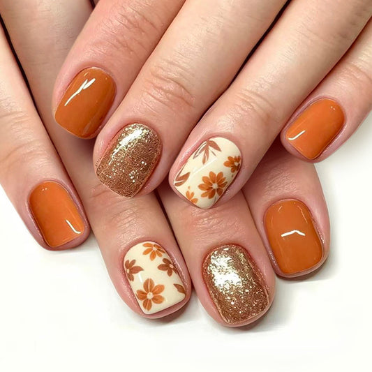 Autumn Delight Short Square Orange Press-On Nail Set with Floral Accents