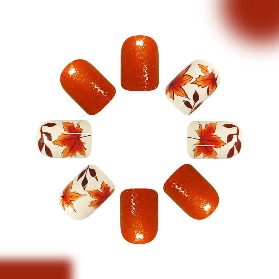 Autumn Vibes Short Square Orange with Glitter and Leaf Design Press On Nail Set