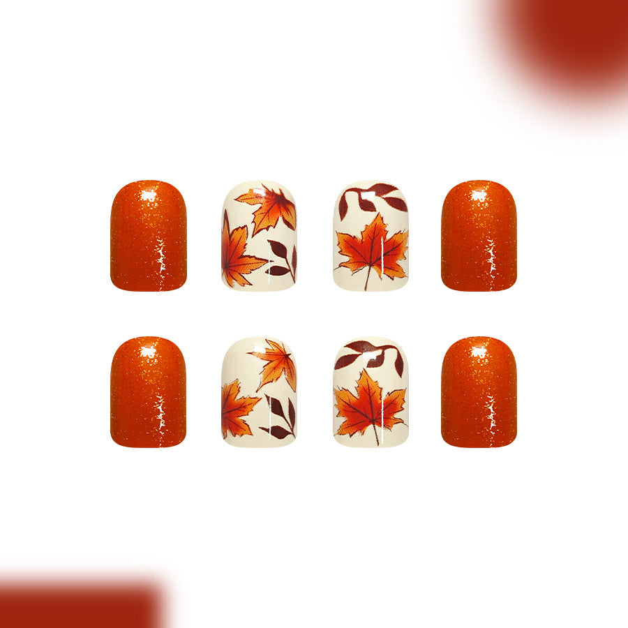 Autumn Elegance Short Square Orange with Leaf Design Press-On Nail Set