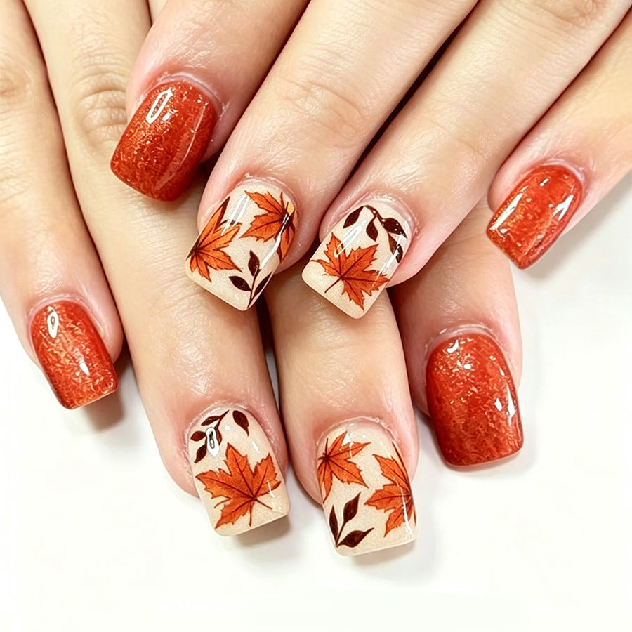 Autumn Elegance Short Square Orange with Leaf Designs Press On Nail Set