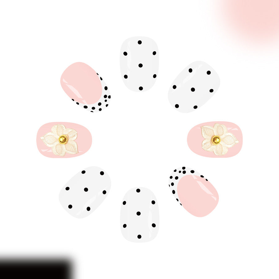 Chic Floral Fantasy Short Round Pink with Polka Dots and Elegant Flower Detail Press on Nail Set