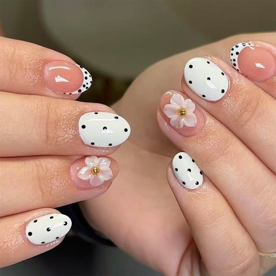 Floral Dream Short Oval White with Black Dots and Charming Flower Accents Press on Nail Set