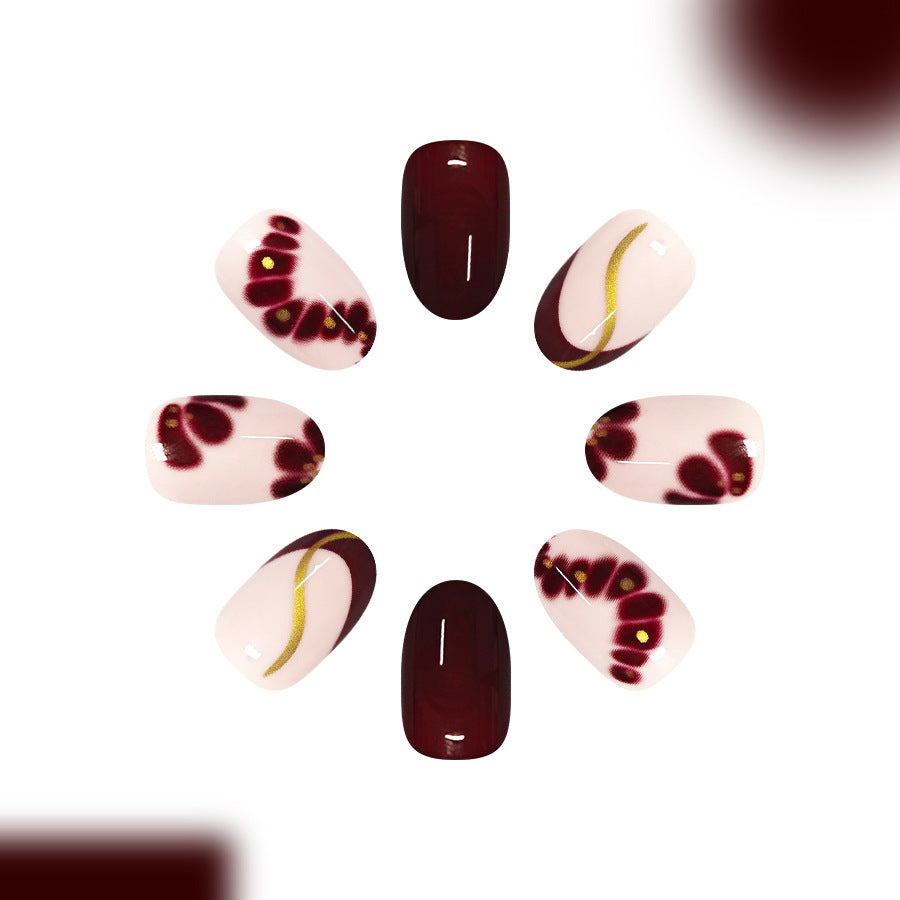 Autumn Elegance Medium Oval Burgundy Floral Press on Nail Set with Golden Accents