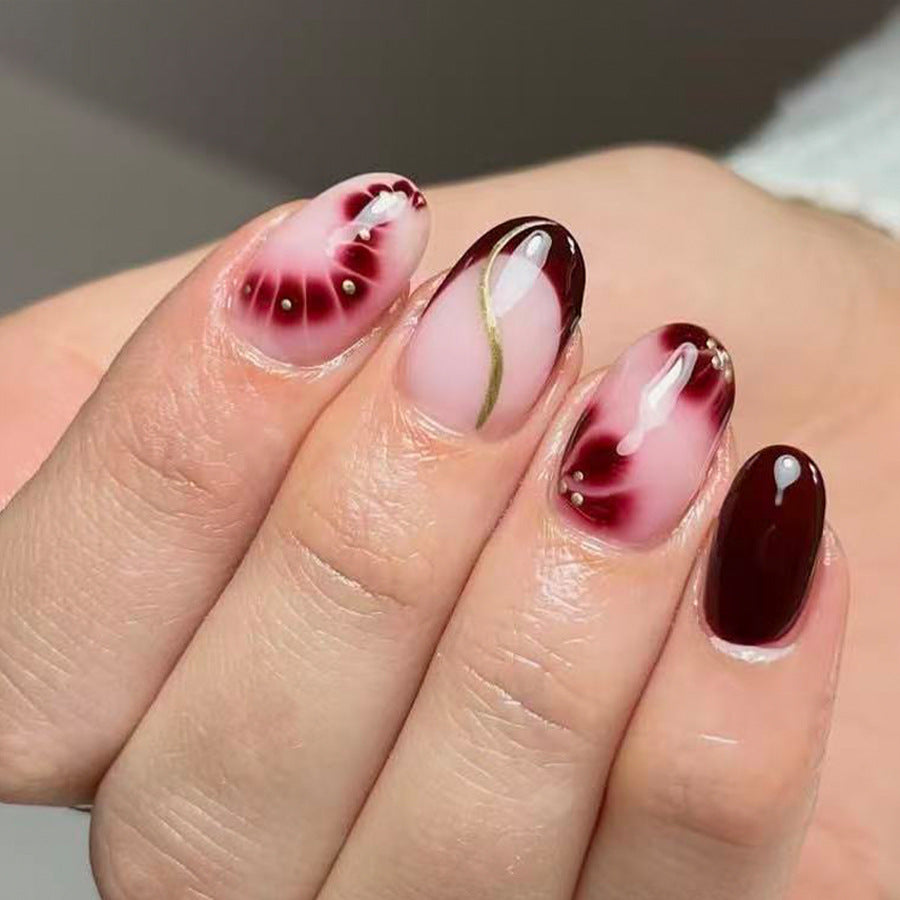 Elegant Floral Fantasy Short Almond Burgundy Design with Metallic Accents Press on Nail Set