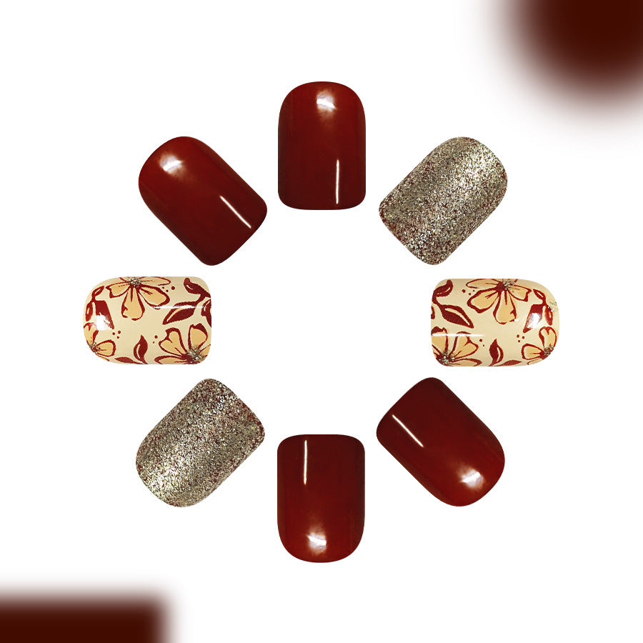 Autumn Elegance Medium Square Deep Red with Floral Design Nail Set