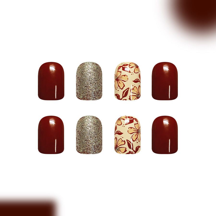 Autumn Blossom Medium Square Burgundy with Floral Accents and Glitter Finish Press On Nail Set