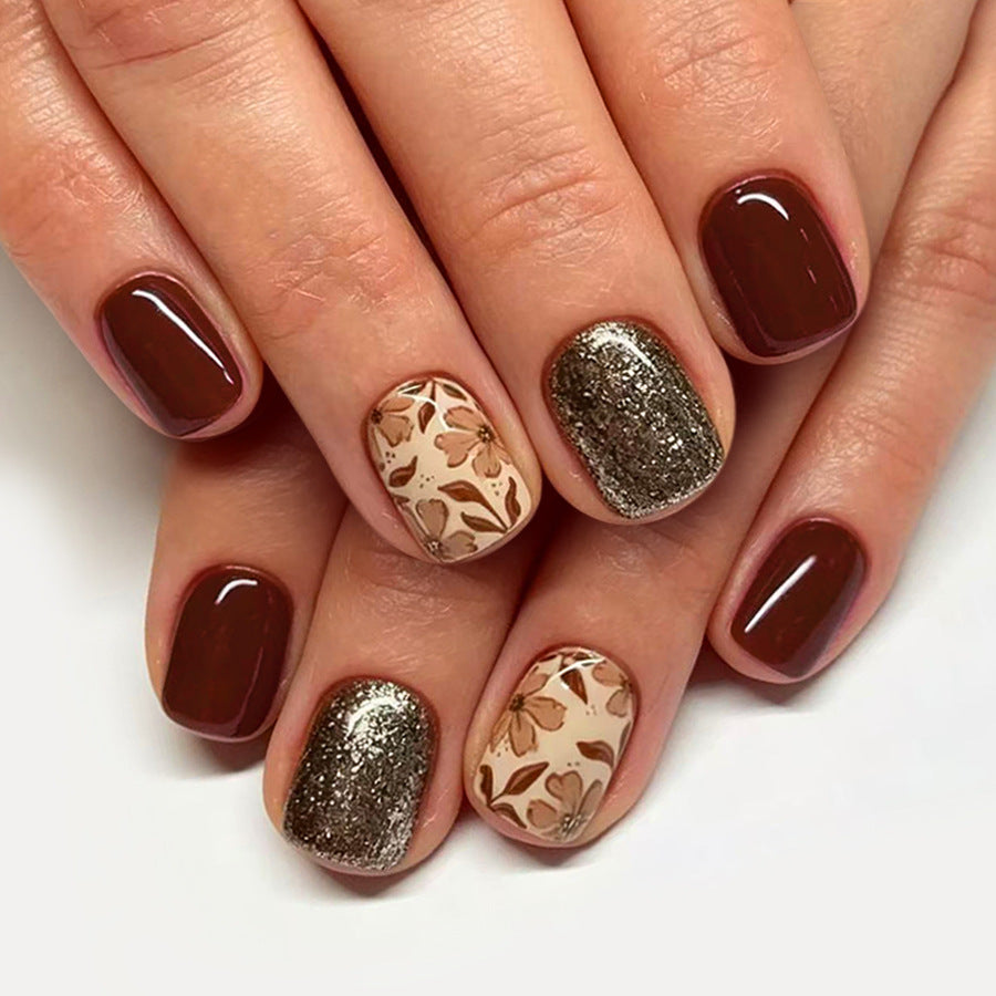 Autumn Elegance Short Square Burgundy with Floral Accents and Glitter Finish Press-On Nail Set