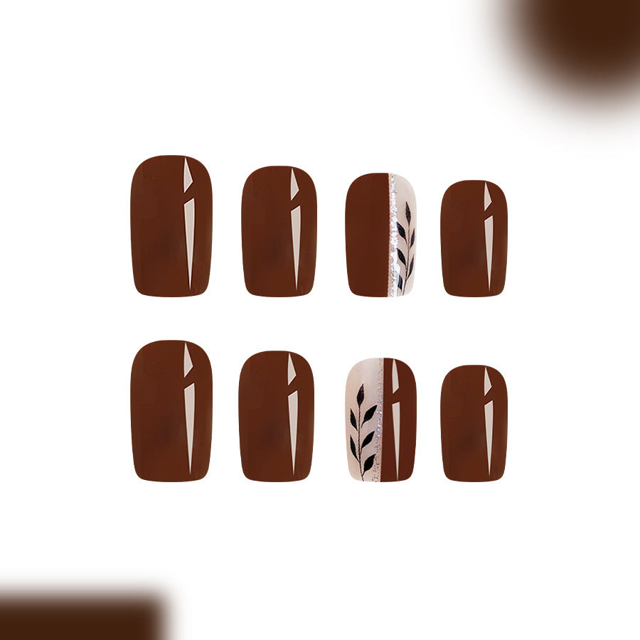 Autumn Elegance Medium Square Brown with Leaf Design Press On Nail Set