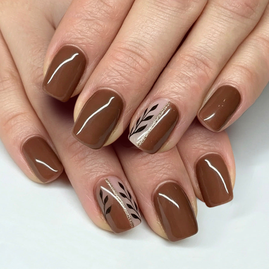 Autumn Elegance Short Square Brown Press On Nail Set with Unique Leaf Accent